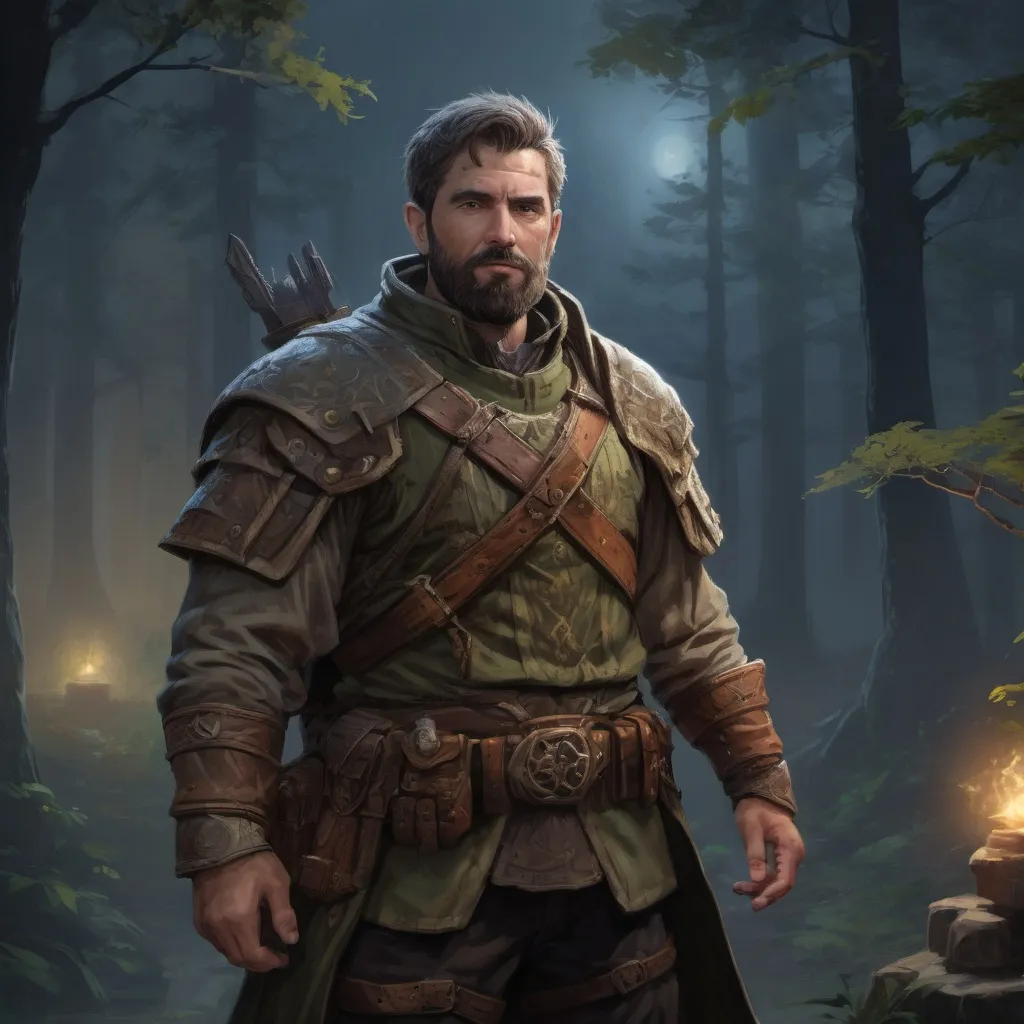 Prompt: Male stocky heavy-set mature fantasy-ranger with short-cut hair and beard, outside of fantasy forest at night, pathfinder, d&d setting, in a realistic high quality digital art style, enhanced shadow quality