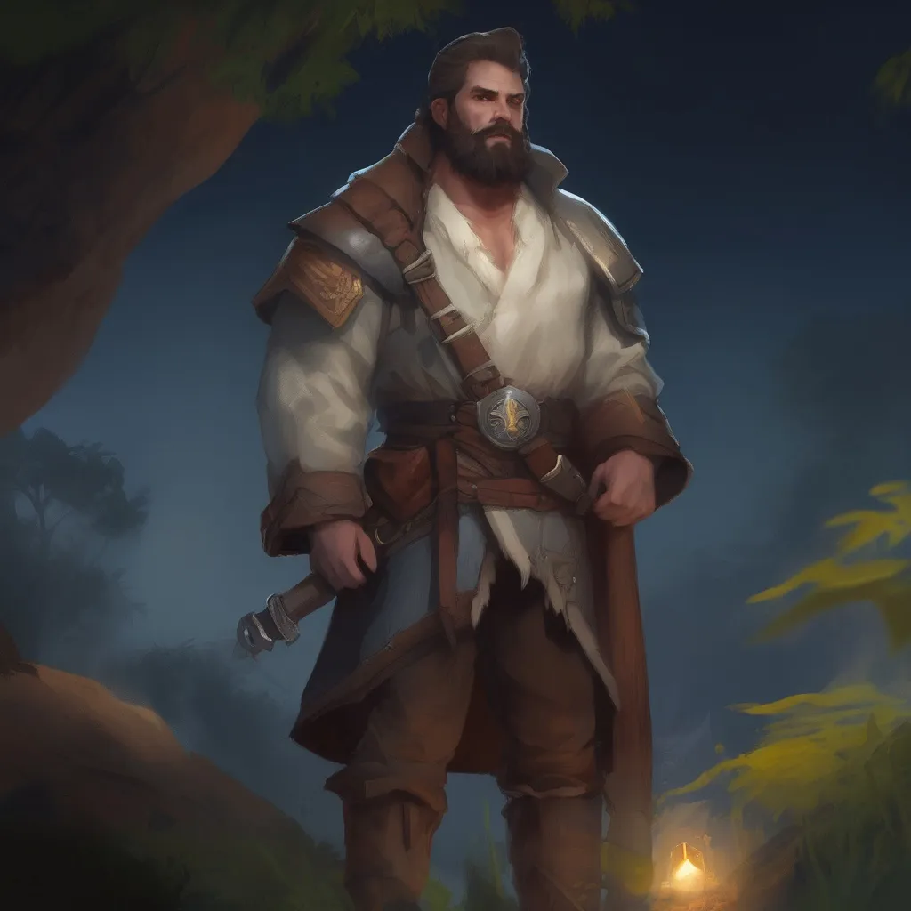 Prompt: (Full body) male stocky cleric with hairy chest and short hair and beard, in nature at night, pathfinder, d&d setting, in a realistic digital art style