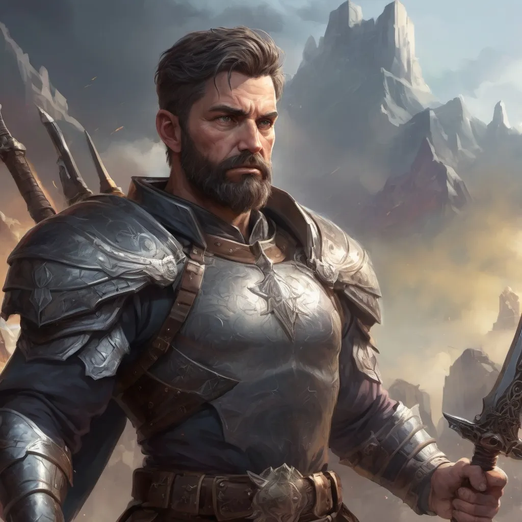 Prompt: Male stocky heavy-set mature magical guardian with short-cut hair and beard, on a battlefield, in combat, holding a magic-sword, pathfinder, d&d setting, in a realistic high quality digital art style, enhanced shadow quality, colorful