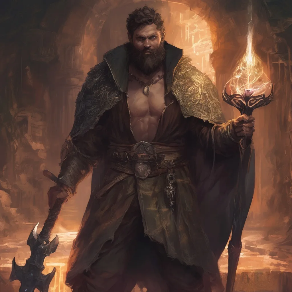 Prompt: (Full body) male stocky arcane-witch with short-cut hair and beard, holding magic staff with swirly lights, no shirt on, very-hairy chest, in a dark underground dungeon temple, pathfinder, d&d setting, in a realistic digital art style