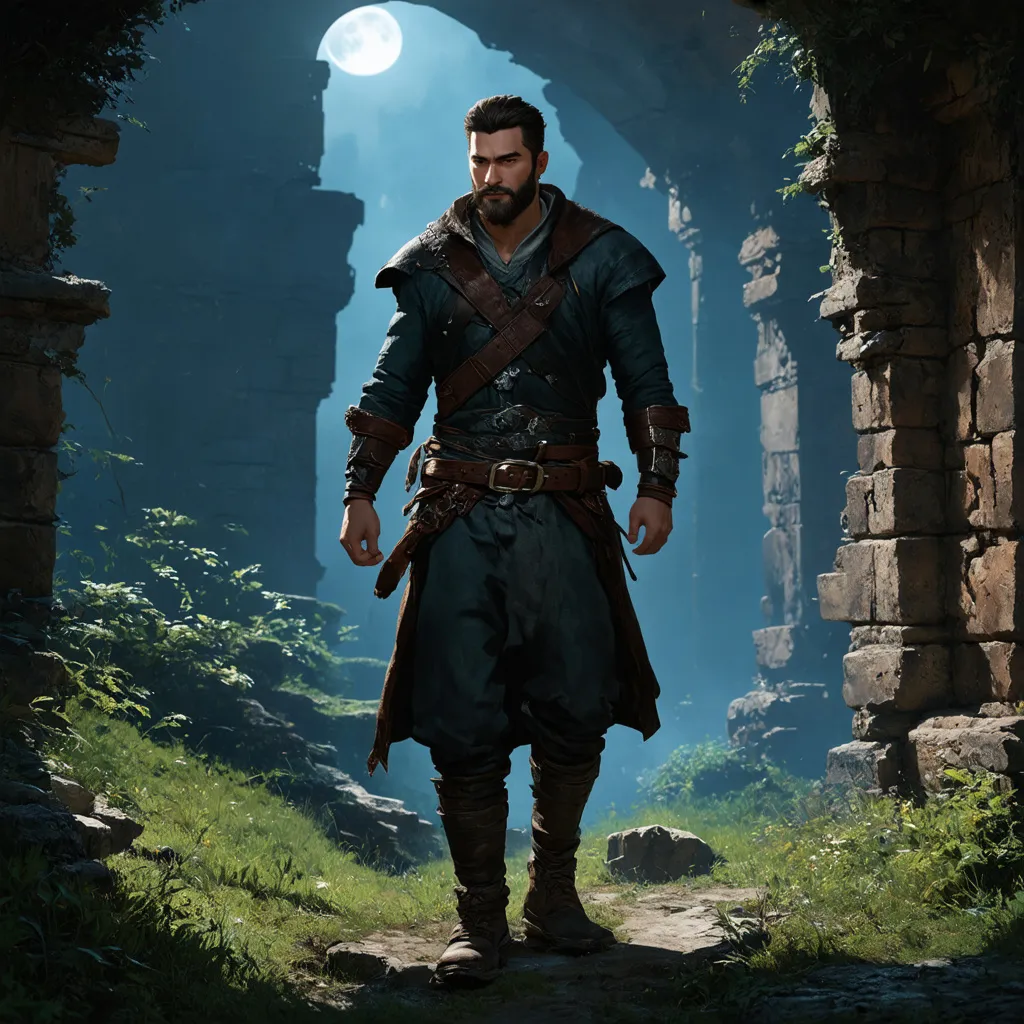 Prompt: (Full body) male rogue with a short hair and beard, belt and pants, exploring ruins at night, pathfinder, d&d setting, in a digital art style