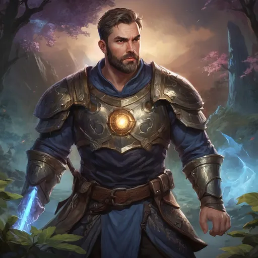 Prompt: Male stocky large fat paladin with short-cut hair and beard, open shirt hairy chest, in combat casting a magic-ray out of hands in nature at night, pathfinder, d&d setting, in a realistic high quality digital art style, enhanced shadow quality, colorful