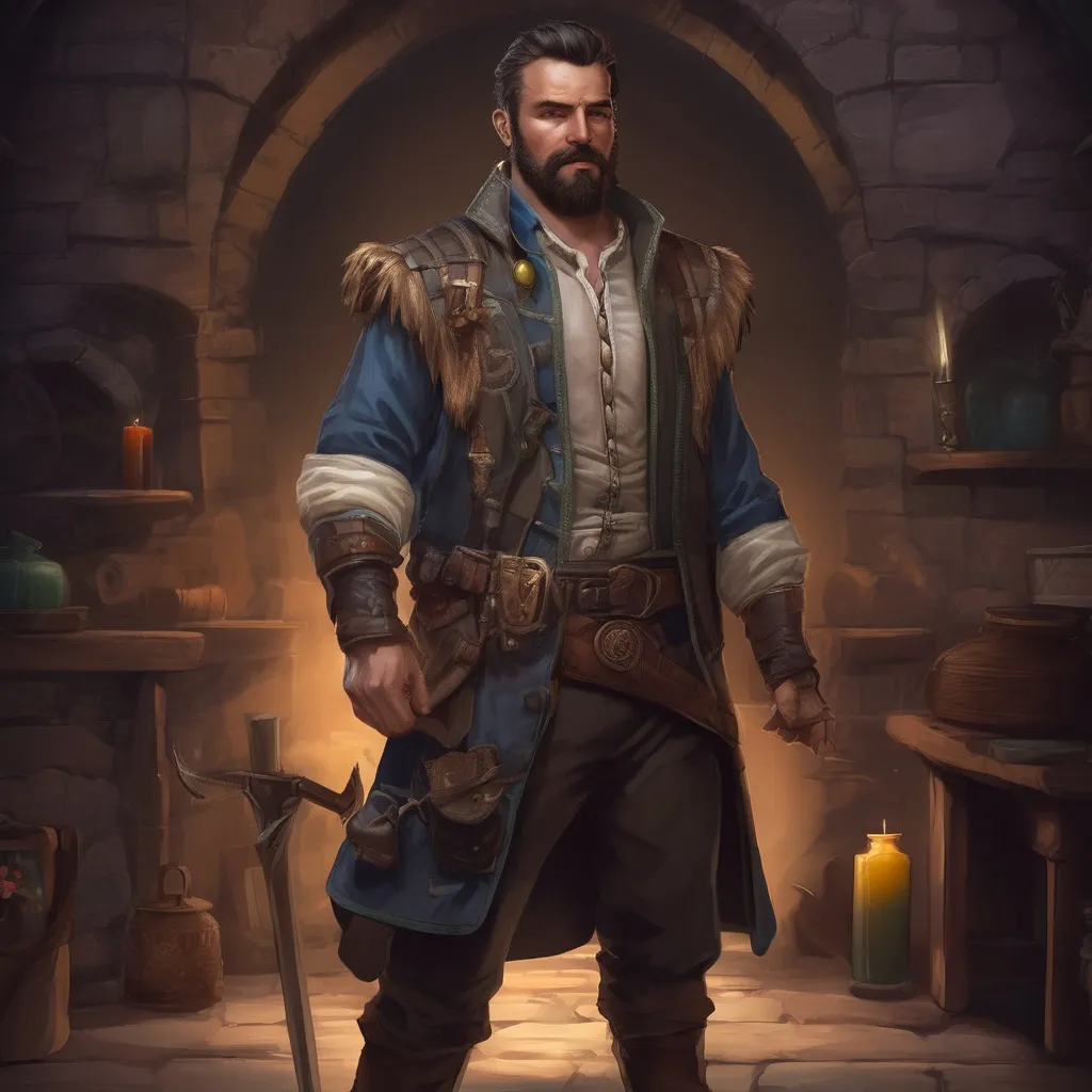 Prompt: (Full body) male stocky big-chested Noble alchemist with short hair and beard, in a dark room, pathfinder, d&d setting, in a realistic digital art style