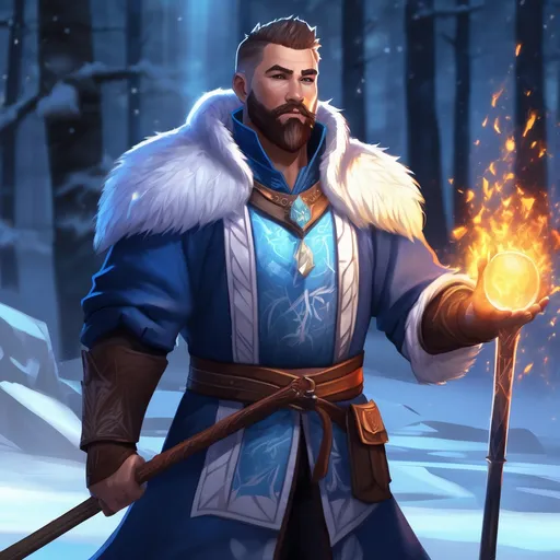 Prompt: (Full body) male stocky magical ice-mage with short hair and beard, open shirt, in dark lit nature background, pathfinder, d&d setting, in a realistic digital art style