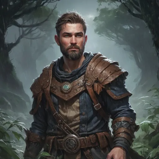 Prompt: Male stocky heavy-set arcane-druid with short-cut hair and beard, in a thicket battlefield in a rainstorm, pathfinder, d&d setting, in a realistic high quality digital art style, enhanced shadow quality, colorful