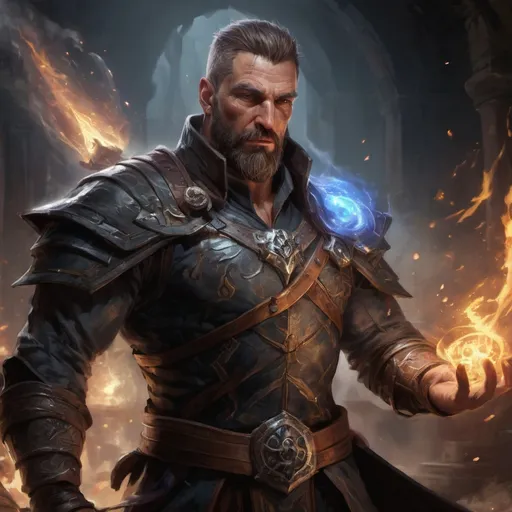 Prompt: (torso) Male stocky large muscular mature handsome battle-mage with short-cut hair and beard, engaged in combat casting an arcane-spell inside of a dark dungeon, in movement, pathfinder, d&d setting, realistic, enhanced shadow quality, colorful