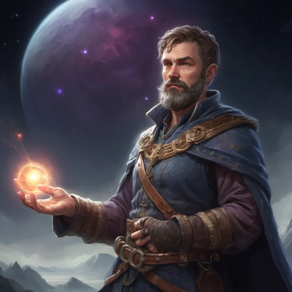Prompt: Male stocky large mature irish seer with short-cut hair and beard, exploring a dark astral plane, pathfinder, d&d setting, in a realistic high quality digital art style, enhanced shadow quality, colorful
