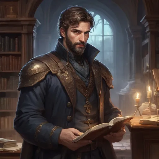 Prompt: Male stocky mature noble spy, with short hair and beard, in a dark library in a castle, pathfinder, d&d setting, in a realistic high quality digital art style, enhanced shadow quality, colorful
