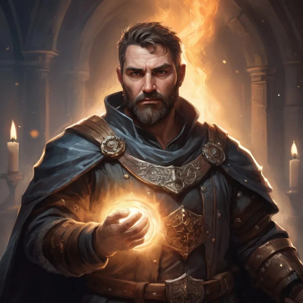 Prompt: (torso) Male stocky large mature cleric with short-cut hair and beard, engaged in combat casting a prismatic-spell inside a dungeon, pathfinder, d&d setting, in a realistic high quality digital art style, enhanced shadow quality