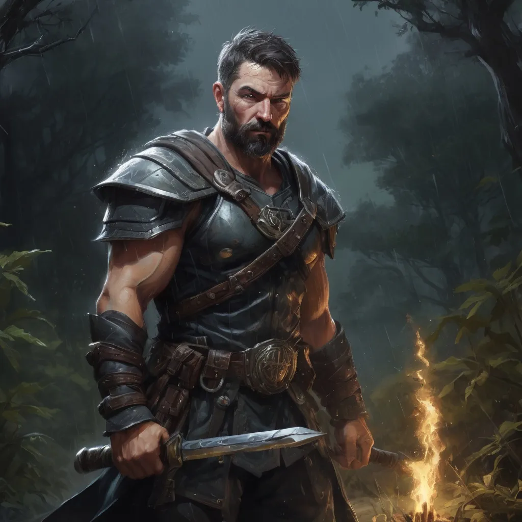 Prompt: Male stocky muscular mature warrior, with short hair and beard, in a dark thicket by a battlefield at night in a rainstorm, pathfinder, d&d setting, in a realistic high quality digital art style, enhanced shadow quality, colorful