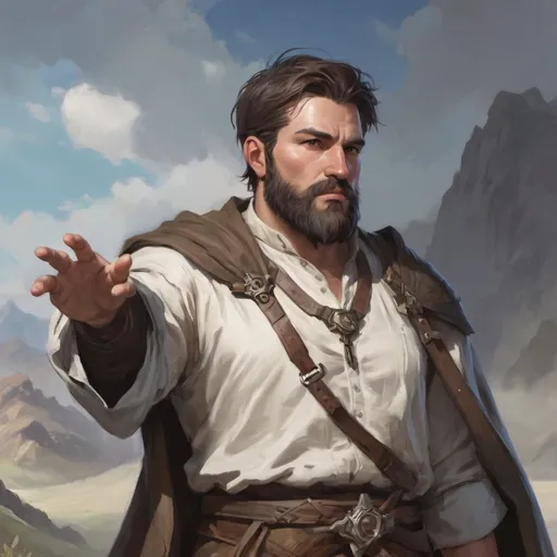 Prompt: Male stocky heavy-set large fit cleric with short-cut hair and beard, open shirt, casting a healing-spell out of hands, in a windy valley in a battle, pathfinder, d&d setting, enhanced shadow quality