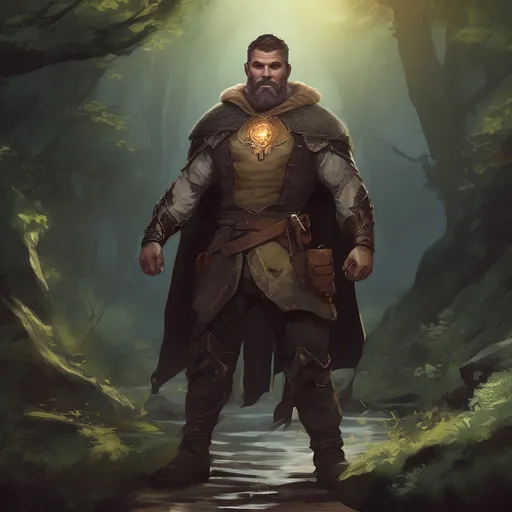 Prompt: (Full body) male handsome large muscular magical warlock with short hair and beard, outside of a cave by a forest at night, pathfinder, d&d setting, in a realistic high quality digital art style