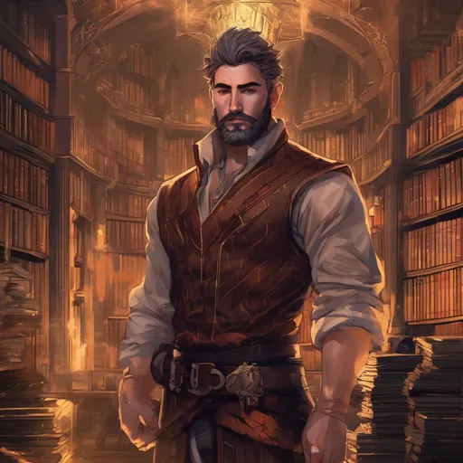 Prompt: (Full body) male stocky muscular big-chested young warlock with striped short hair and beard, hairy chest, casting swirly bright spell, in a dark library, pathfinder, d&d setting, in a realistic high quality digital art style