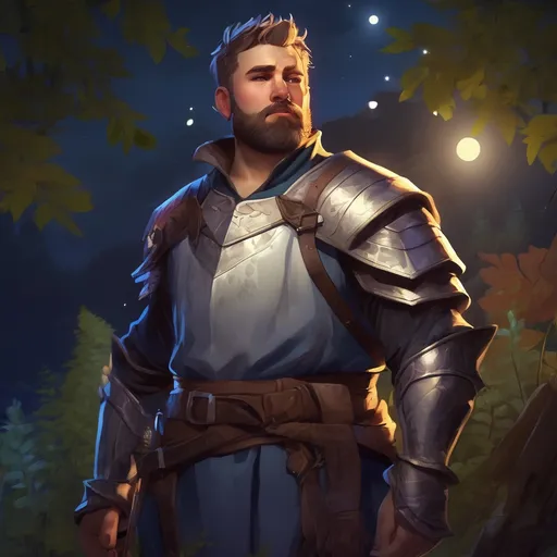 Prompt: (Full body) male stocky big-chested knight with short hair and beard, open shirt, in nature at night, pathfinder, d&d setting, in a realistic digital art style