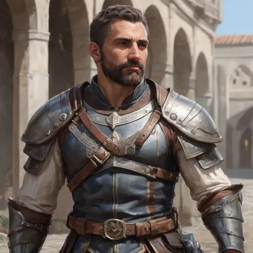 Prompt: (torso) Male stocky large fit 41-year old archerwith short-cut hair and beard, in a windy courtyard, pathfinder, d&d setting, in movement, enhanced shadow quality