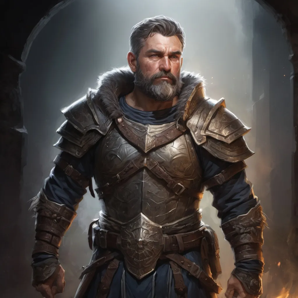 Prompt: Male stocky hairy mature warrior in  a breastplate, with short hair and beard, exploring a dark dungeon, pathfinder, d&d setting, in a realistic high quality digital art style, enhanced shadow quality, colorful