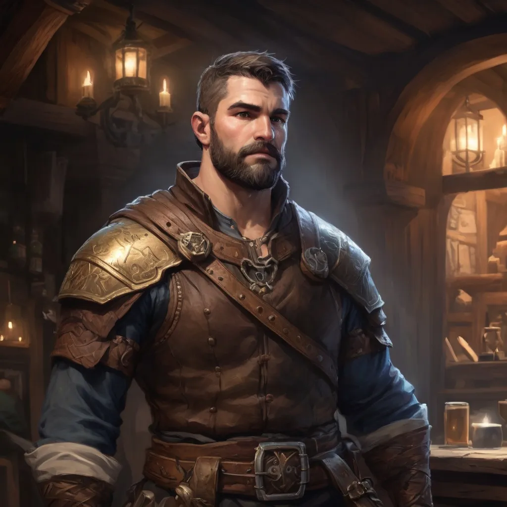 Prompt: Male stocky large muscular royal bard with short-cut hair and beard, exploring a dark tavern room, pathfinder, d&d setting, realistic, enhanced shadow quality