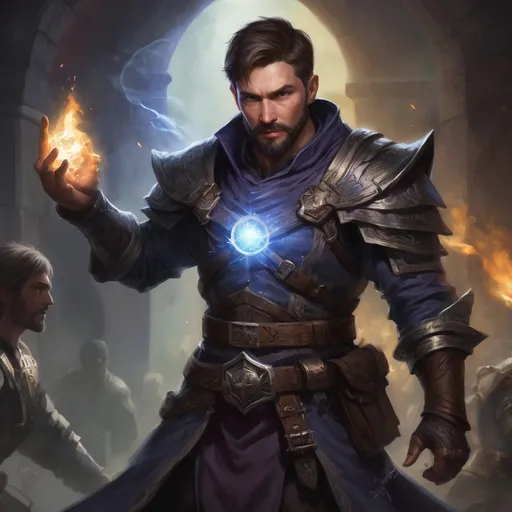 Prompt: Male stocky large battle-mage with short-cut hair and beard, engaged in combat casting a brightlight-spell inside of a dark dungeon, pathfinder, d&d setting, in a realistic high quality digital art style, enhanced shadow quality, colorful