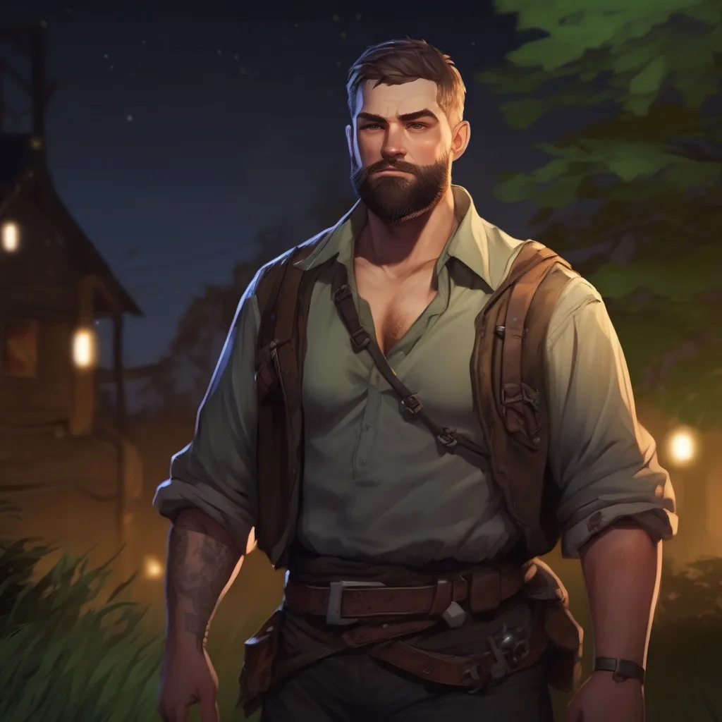 Prompt: (Full body) male stocky big-chested rogue with short hair and beard, thin open shirt on, in nature at night, pathfinder, d&d setting, in a realistic digital art style