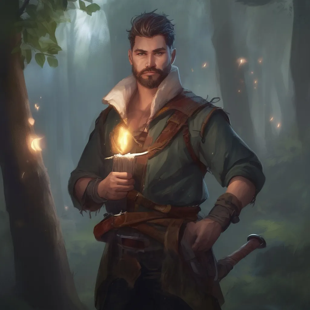 Prompt: (Full body) male stocky ranger with short-cut hair and beard, no shirt on, hairy chest, casting a swirly nature-spell, in nature at night pathfinder, d&d setting, in a realistic digital art style