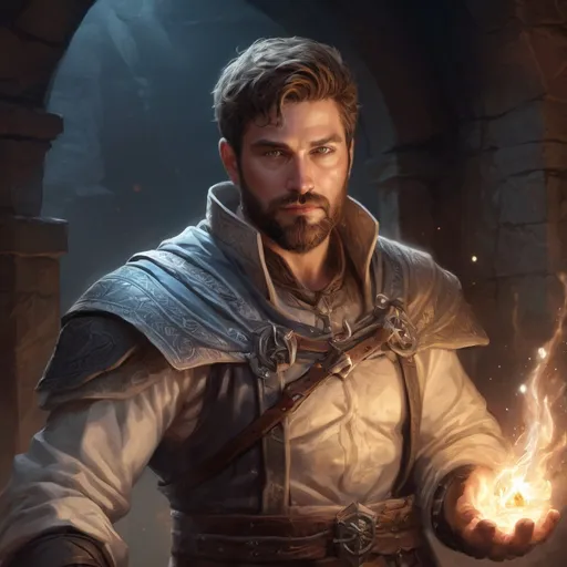 Prompt: (torso) Male stocky large handsome battle-mage with short-cut hair and beard, casting a light-spell inside a dungeon, pathfinder, d&d setting, in a realistic high quality digital art style, enhanced shadow quality