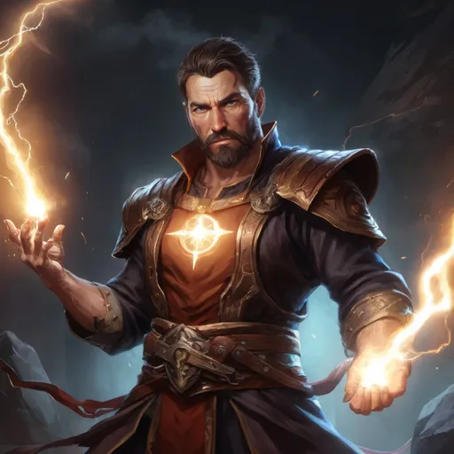 Prompt: (torso) Male stocky large muscular mature sorcerer with short-cut brown hair and beard, engaged in combat casting a lightning spell inside of a dark dungeon, pathfinder, d&d setting, in a realistic high quality digital art style, enhanced shadow quality, wearing colorful robes