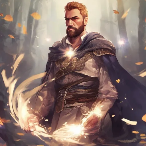 Prompt: (Full body) male stocky big-chested young wizard with striped short hair and beard, hairy chest, casting swirly bright spell, in nature at night, pathfinder, d&d setting, in a realistic high quality digital art style