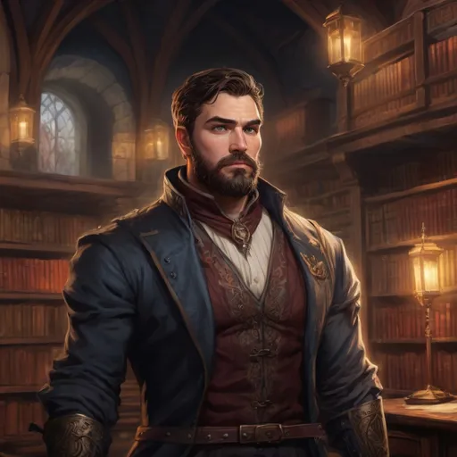 Prompt: Male stocky noble spy, with short hair and beard, in a dark library in a castle, pathfinder, d&d setting, in a realistic high quality digital art style, enhanced shadow quality, colorful