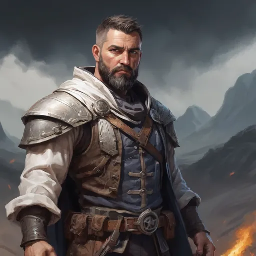 Prompt: Male stocky heavy-set mature tinkerer with short-cut hair and beard, on a battlefield, in combat, casting a white-spell, pathfinder, d&d setting, in a realistic high quality digital art style, enhanced shadow quality