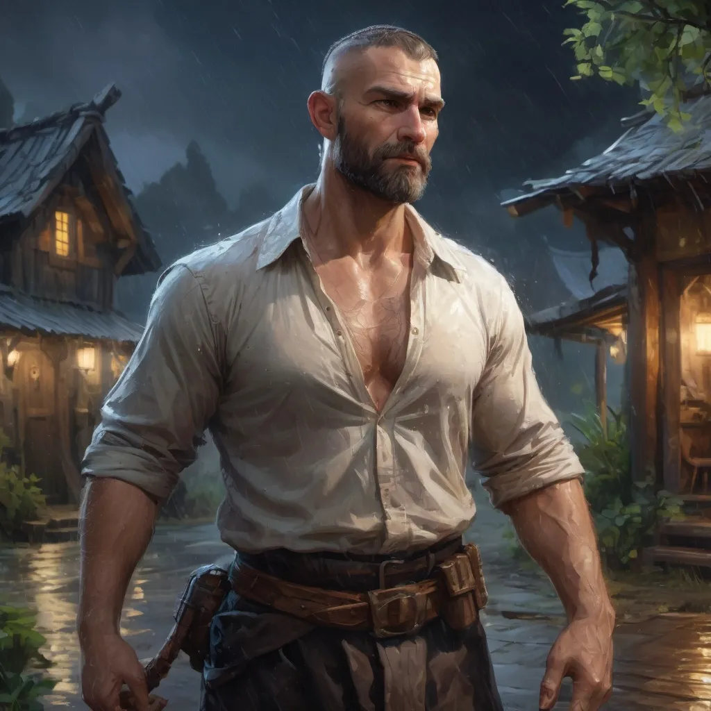 Prompt: Male stocky Muscular large mature druid with short-cut hair and beard, open shirt, hairy chest, outside of a small fantasy village in the rain at night, pathfinder, d&d setting, in a realistic high quality digital art style, enhanced shadow quality, colorful