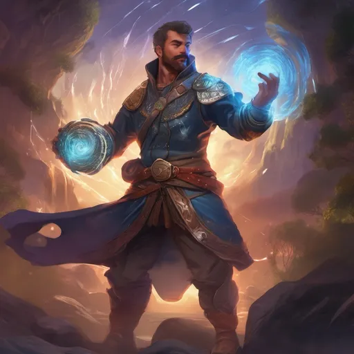 Prompt: (Full body) male stocky young muscular healer mage with short-cut hair and a mustache, casting a swirly astral-spell, in nature at night pathfinder, d&d setting, in a realistic digital art style