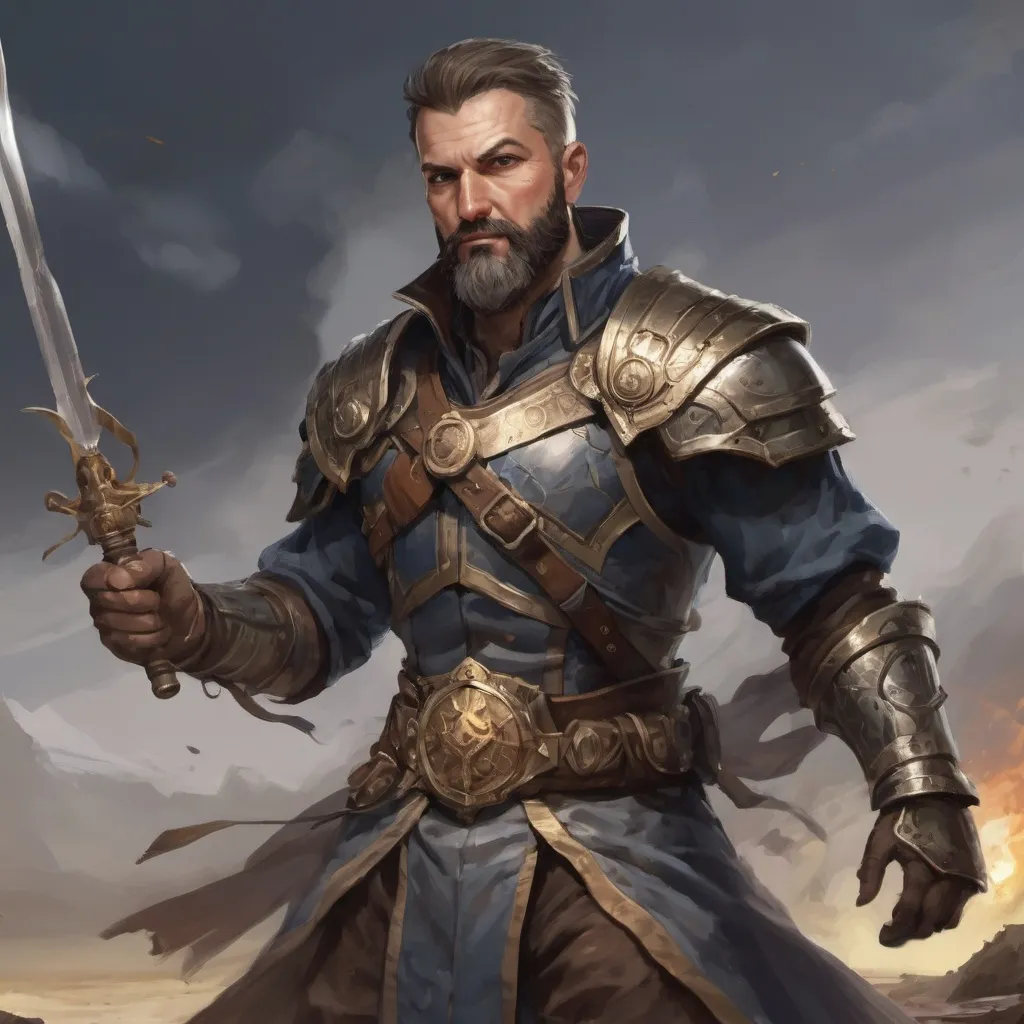 Prompt: Male heavy-set mature fit arcanist with short-cut hair and beard, in a windy battlefield, pathfinder, d&d setting, enhanced shadow quality