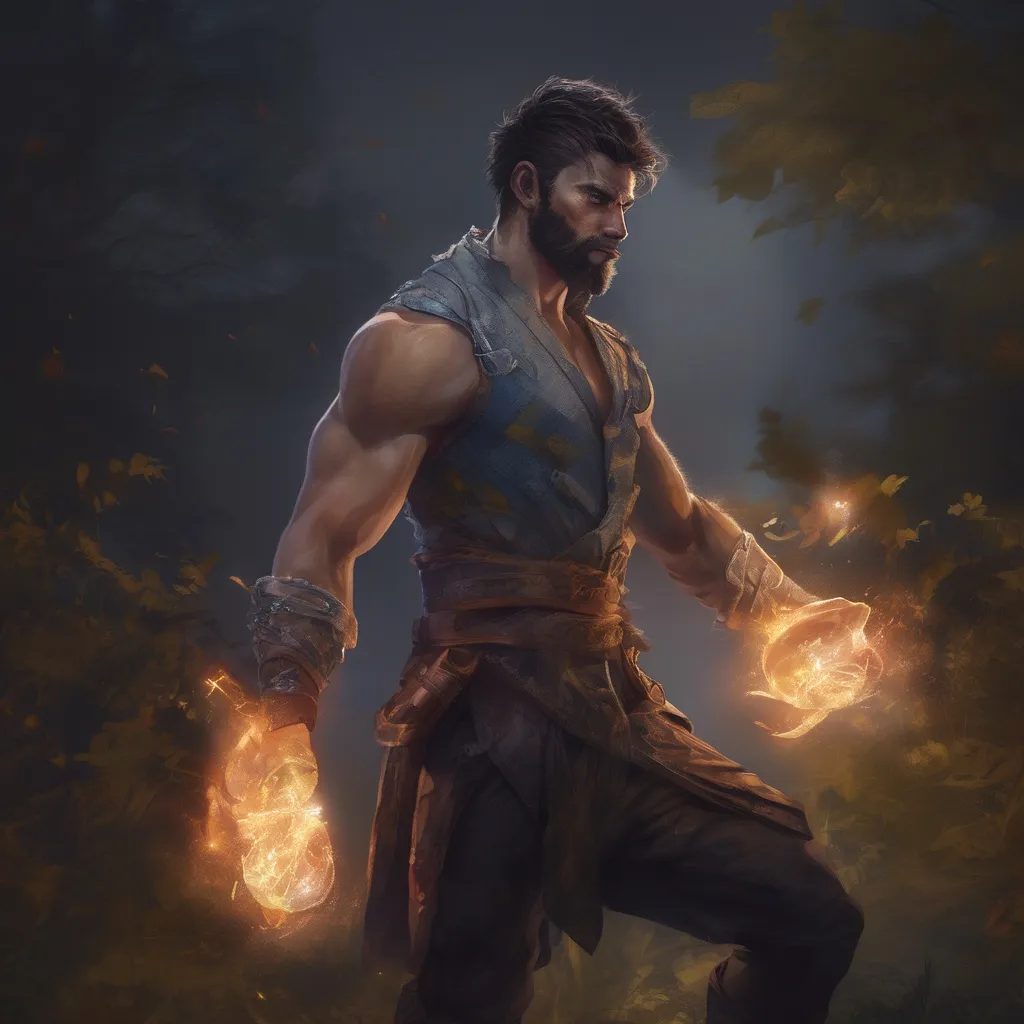 Prompt: (Full body) male muscular summoner with short hair and beard, in nature at night, casting a spell, pathfinder, d&d setting, in a realistic digital art style