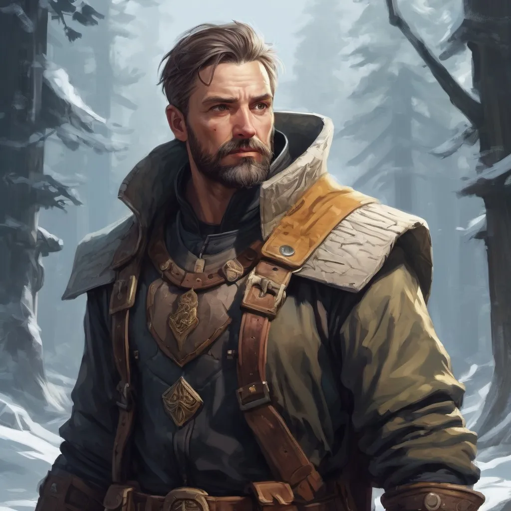 Prompt: Male stocky mature noble explorer, with short hair and beard, standing on an old temple in a winter forest, pathfinder, d&d setting, in a realistic high quality digital art style, enhanced shadow quality, colorful