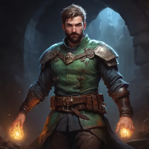 Prompt: Male stocky large mature irish fighter with short-cut hair and beard, exploring a dark astral dungeon, pathfinder, d&d setting, in a realistic high quality digital art style, enhanced shadow quality, colorful