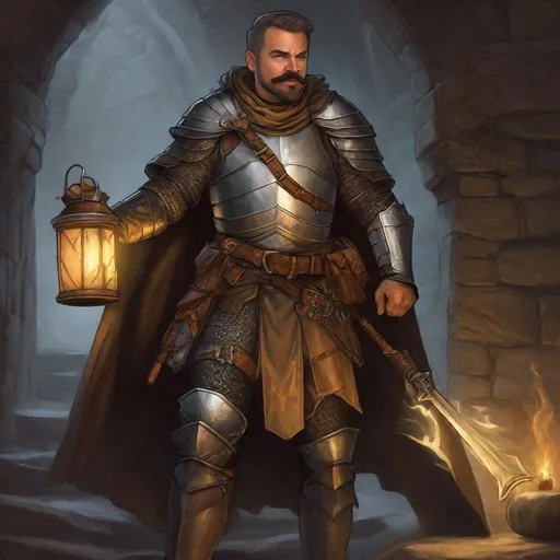 Prompt: (Fullbody) an mature knight manly face, brown-grey short-hair mustache and stubble, heavy armor, hairy chest, heavy belt, brown boots, cloak, pathfinder, dungeons and dragons, exploring a dungeon in the dark, holding lantern and a weapon, in a painted style, realistic