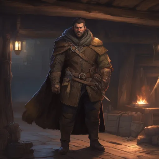 Prompt: (Full body) male stocky big-chested bandit with short hair and beard, in a dark room, pathfinder, d&d setting, in a realistic digital art style