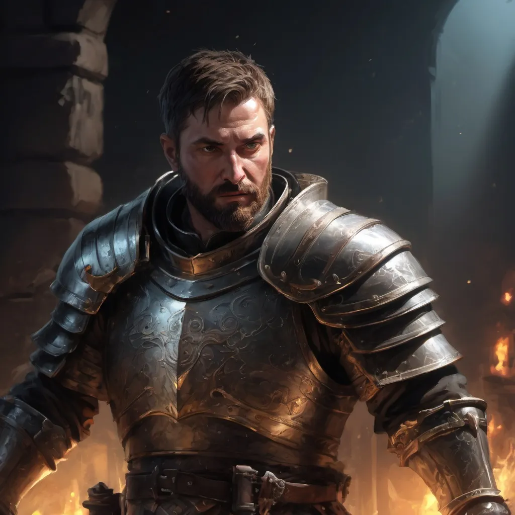 Prompt: Male stocky large mature royal knight with short-cut hair and beard, engaged in combat inside of a dark dungeon, pathfinder, d&d setting, in a realistic high quality digital art style, enhanced shadow quality, colorful picture