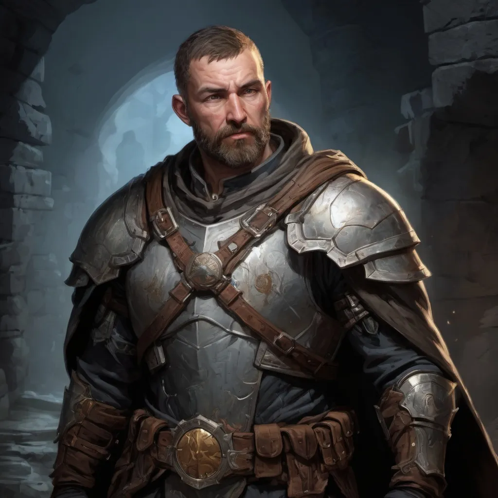 Prompt: (head and torso) Male heavy-set mature holy-paladin with short-cut hair and beard, holding weapon, in a dark dungeon underground, pathfinder, d&d setting, in a realistic high quality digital art style, enhanced shadow quality