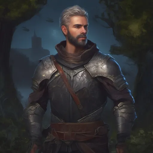 Prompt: (Full body) male handsome royal knight with short salt&pepper hair and beard, in nature at night, d&d setting, in a realistic digital art style