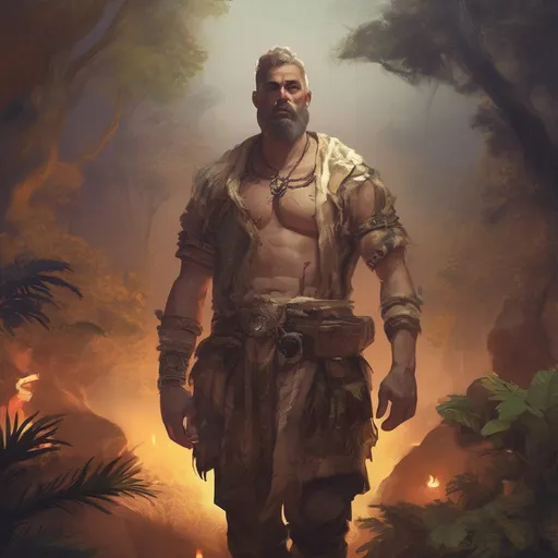 Prompt: (Full body) male manly stocky nature-shaman with blonde short-cut hair and beard, open shirt, hairy chest, in nature at night, pathfinder, d&d setting, in a realistic digital art style