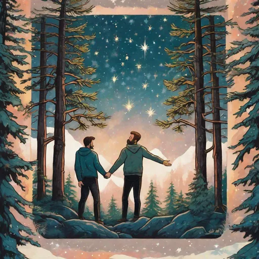 Prompt: Colourful picture of two handsome man with short brunette hair and a beard, reaching for each other, are surrounded by Sitka Spruce trees, framed by stars, in a painted style