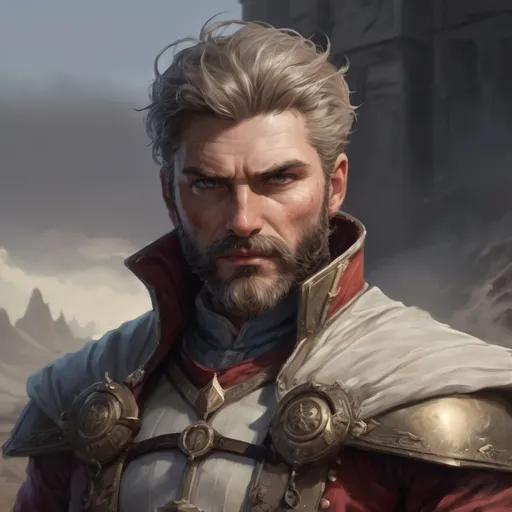 Prompt: Male stocky heavy-set italian royal magus with short-cut hair and beard, on a windy battlefield, pathfinder, d&d setting, in a realistic high quality digital art style, enhanced shadow quality