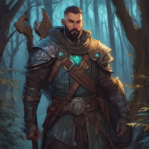 Prompt: (Full body) handsome male transmuter glowing eyes with buzz-cut hair beard, scar, manly face, holding a staff, pathfinder, dungeons and dragons, in a dark forest, in a painted style, realistic