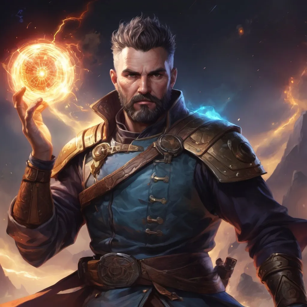 Prompt: Male stocky heavy-set mature arcane-arcanist with short-cut hair and beard, on a battlefield, in combat, holding a astral-spell, pathfinder, d&d setting, in a realistic high quality digital art style, enhanced shadow quality, colorful