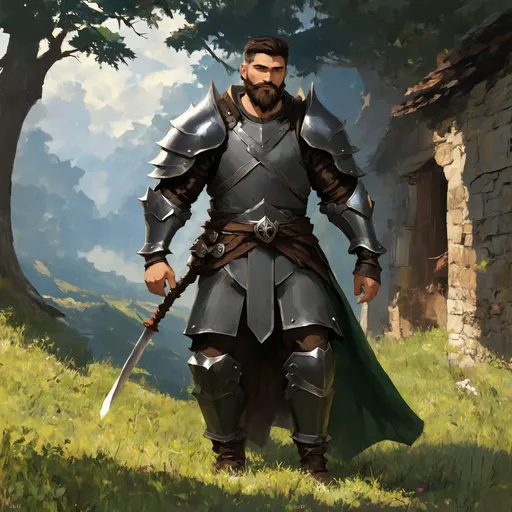 Prompt: (Full body) male warrior with short hair and beard, in dark grey and forest-green armor, exploring a dark fantasy villiage by a forest, pathfinder, d&d setting, in a detailed digital art style