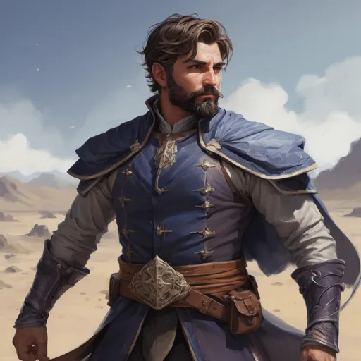 Prompt: Male stocky heavy-set argentinian royal magus with short-cut hair and beard, on a windy battlefield, pathfinder, d&d setting, in a realistic high quality digital art style, enhanced shadow quality