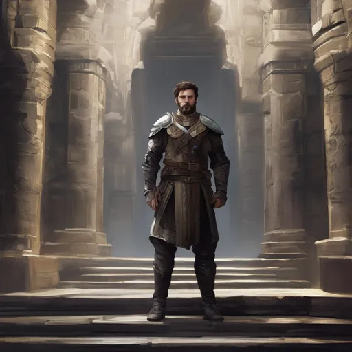 Prompt: (Full body) Ian harding with short-cut hair and beard, in a dark magic temple dungeon, wearing big shoulderguards, pathfinder, d&d setting, in a realistic digital art style