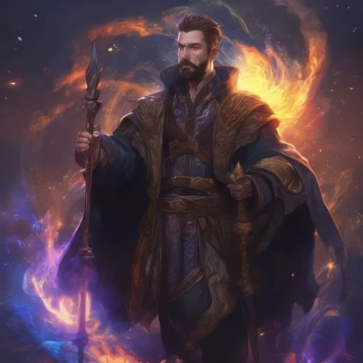 Prompt: (Full body) male stocky magus with short-cut hair and beard, casting a swirly astral-spell, in nature at night pathfinder, d&d setting, in a realistic digital art style