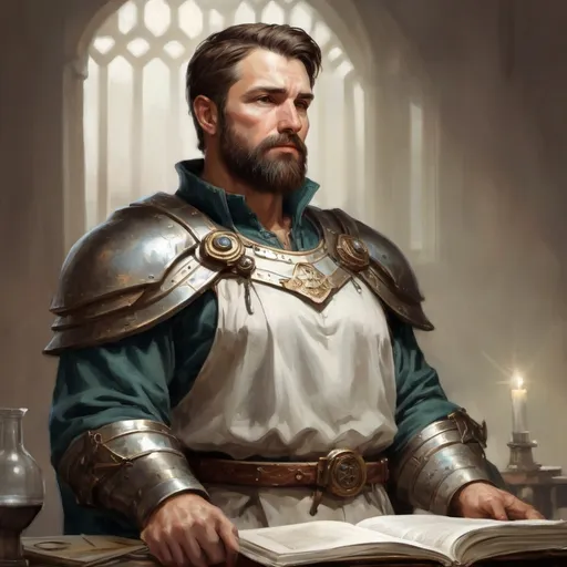 Prompt: (torso) Male stocky large fit 37-year old holy-paladin with short-cut hair and beard, casting a magic-ray out of hands in a lab, pathfinder, d&d setting, in a realistic high quality digital art style, enhanced shadow quality, colorful ((norman rockwell))
